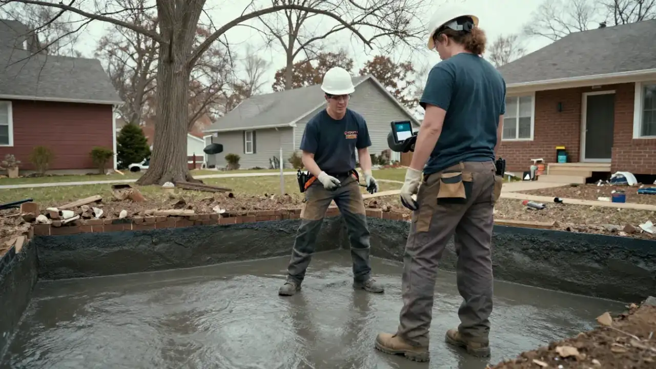 Waterproofing in Warren: waterproofing technician in safety gear, discussing project details with a homeowner (seen from