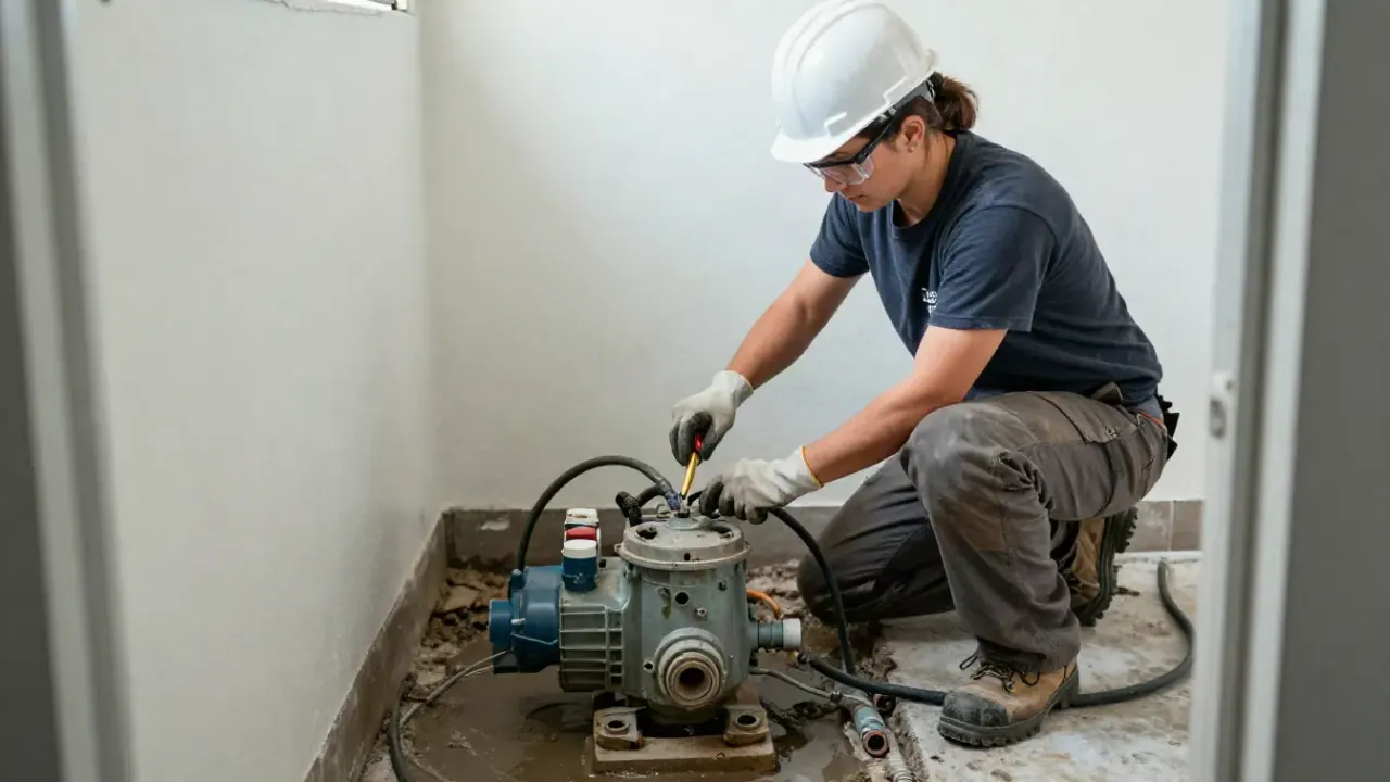 Sump Pump Replacement in Warren: technician is disconnecting the old discharge pipe and power cord from a worn-out sump pump