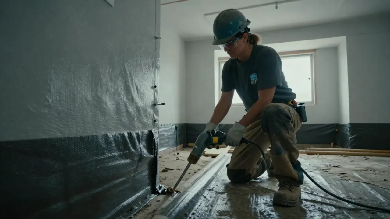 Crawl Space Vapor Barrier Installation in Warren: technician is using a heat gun to seal overlapping seams of a crawl space