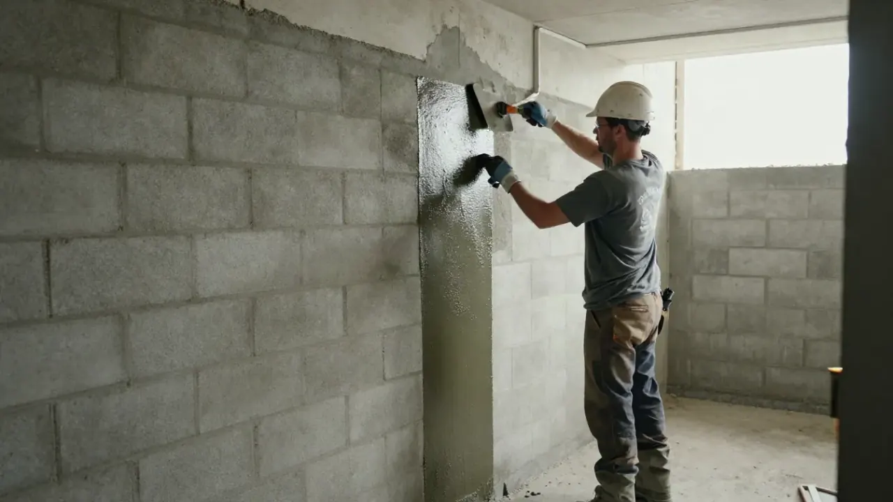 Basement Waterproofing in Warren: technician is applying a waterproof sealant with a trowel to a prepared concrete block