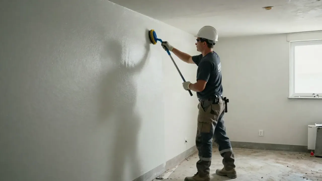 Basement Wall Sealing in Warren: technician is meticulously cleaning a basement wall surface with a stiff brush and cleaning