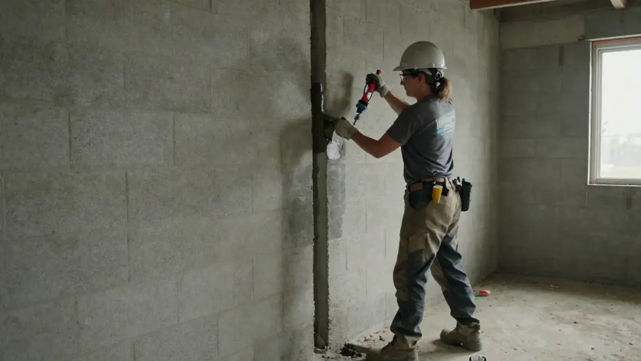 Wet Basement Repair in Warren: technician is patching a leak in a concrete block basement wall using hydraulic cement
