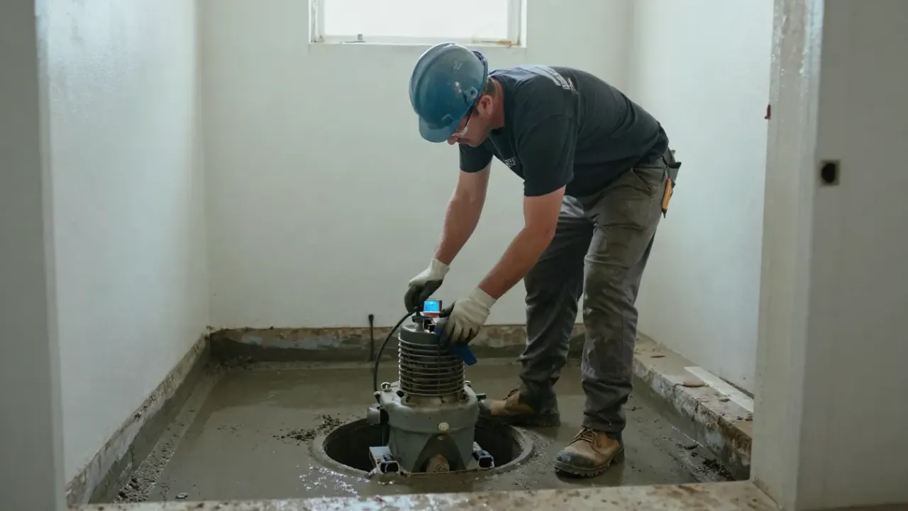 Sump Pump Repair in Warren: technician is carefully removing an old, malfunctioning sump pump from its basin in a flooded