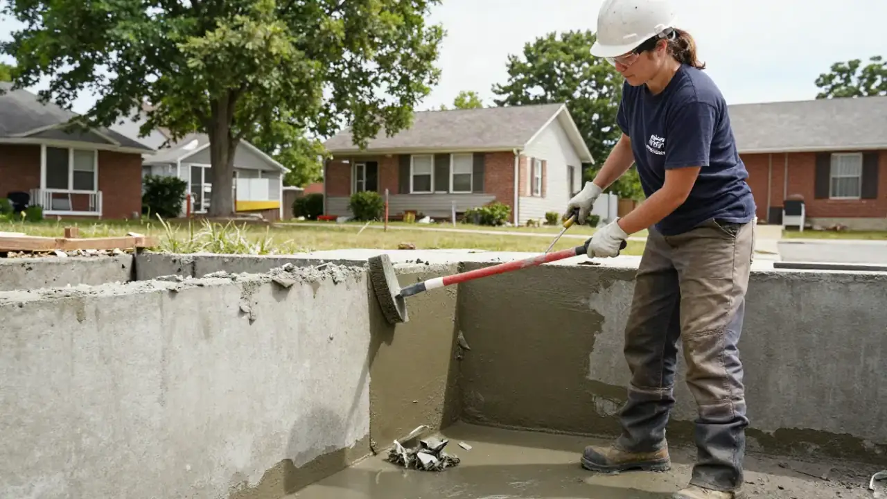 Foundation Waterproofing in Warren: technician is applying a cementitious coating to an exposed concrete foundation wall