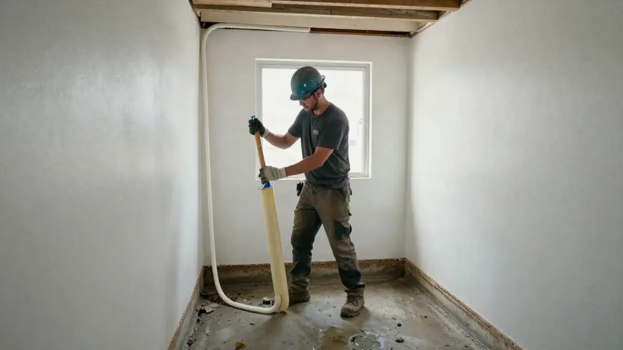 Crawl Space Moisture Control in Warren: technician is air sealing penetrations in the crawl space foundation walls around