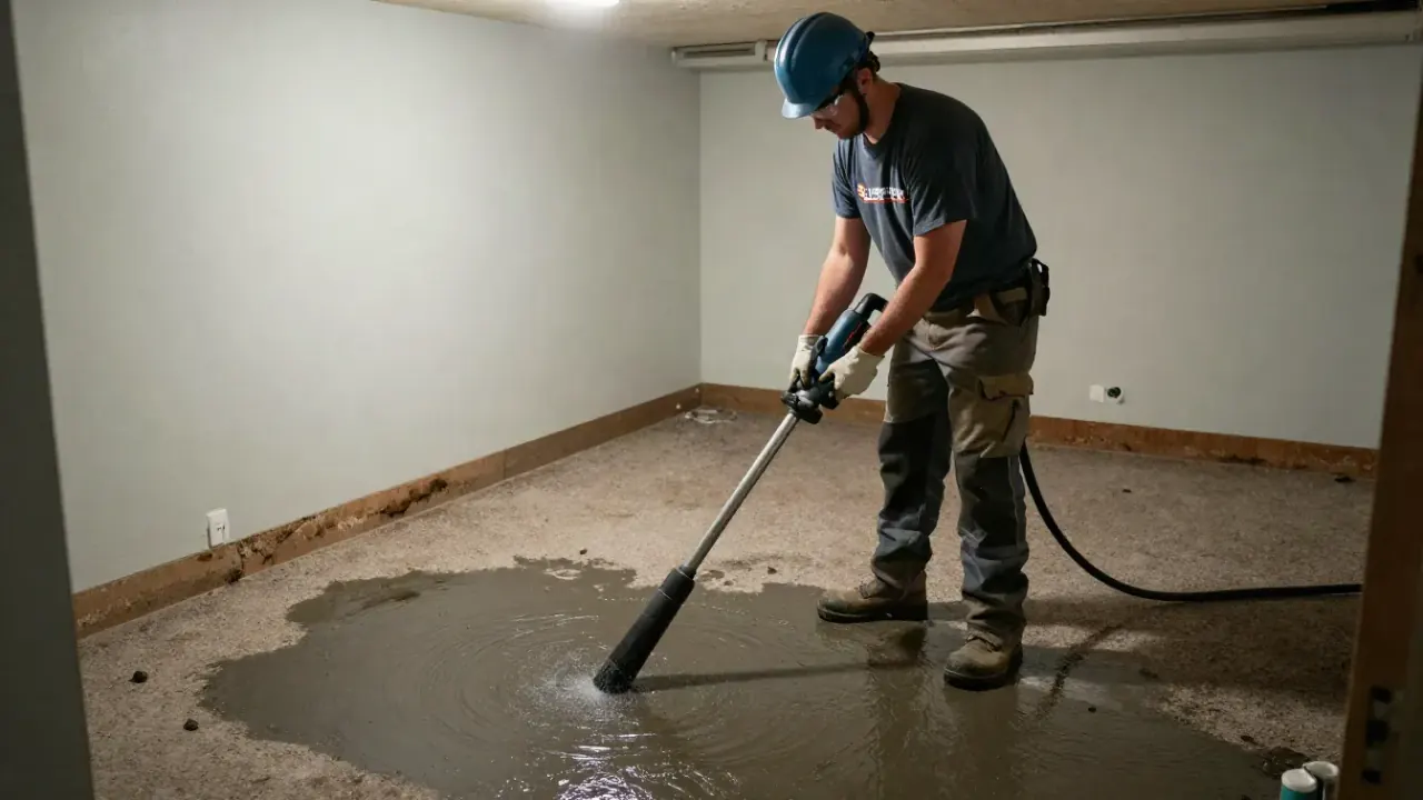 Basement Flooding Repair in Warren: technician is using a powerful wet/dry vacuum to extract standing water from a carpeted