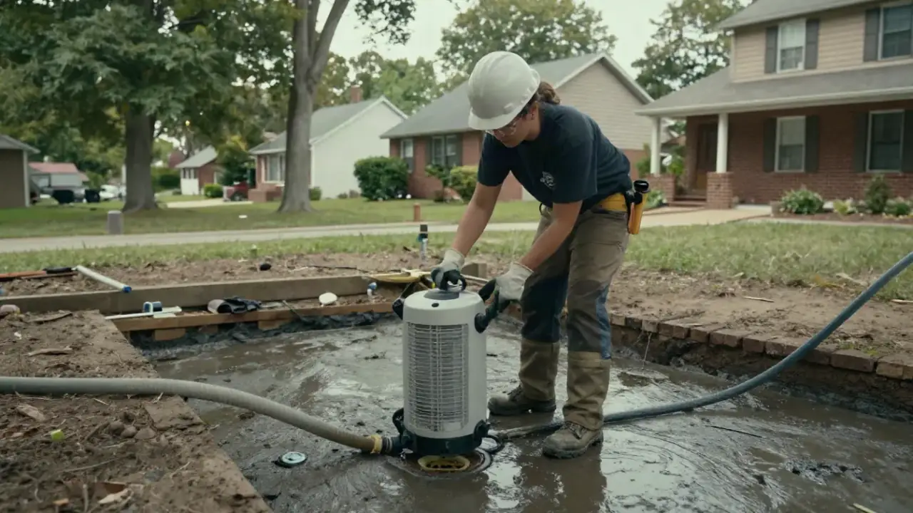 Basement Moisture Control & Dehumidification in Warren: technician is connecting a dehumidifier's drain hose to a nearby
