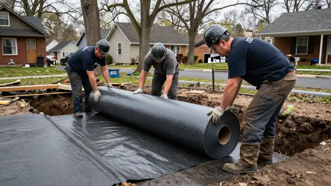 Waterproofing in Warren: team of three waterproofing technicians carefully lowering a large roll of exterior dimpled